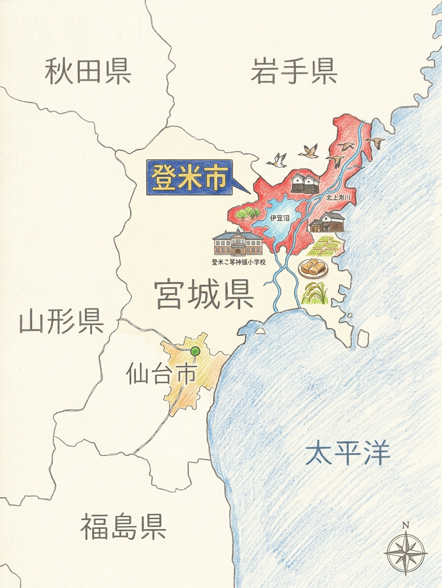 宮城県登米市の位置を示す地図イラスト